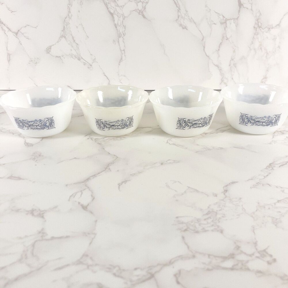 Vintage Fire King Currier and Ives Blue Milk Glass Custard Cups Set of 4